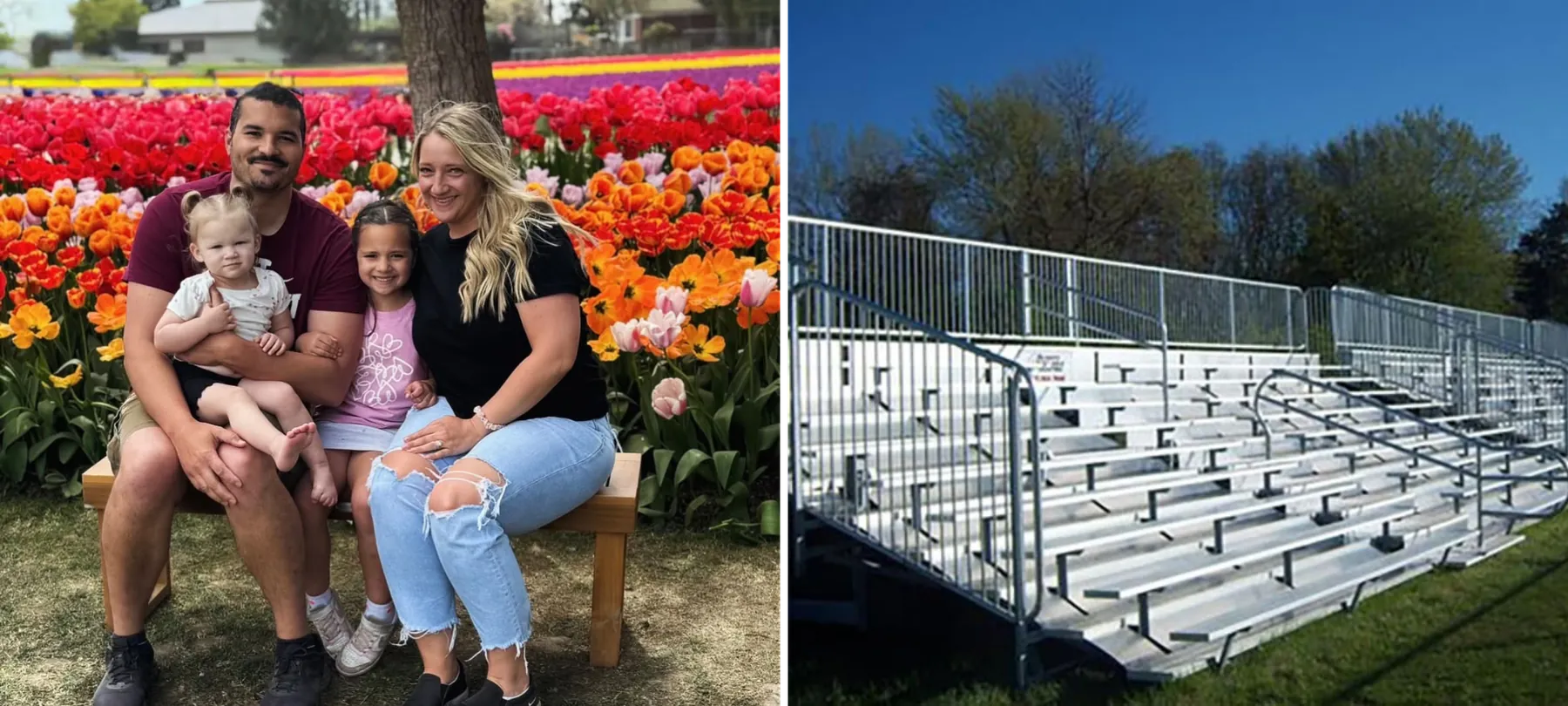 The family that owns Bleachers NW beside their portable bleachers in the Pacific Northwest