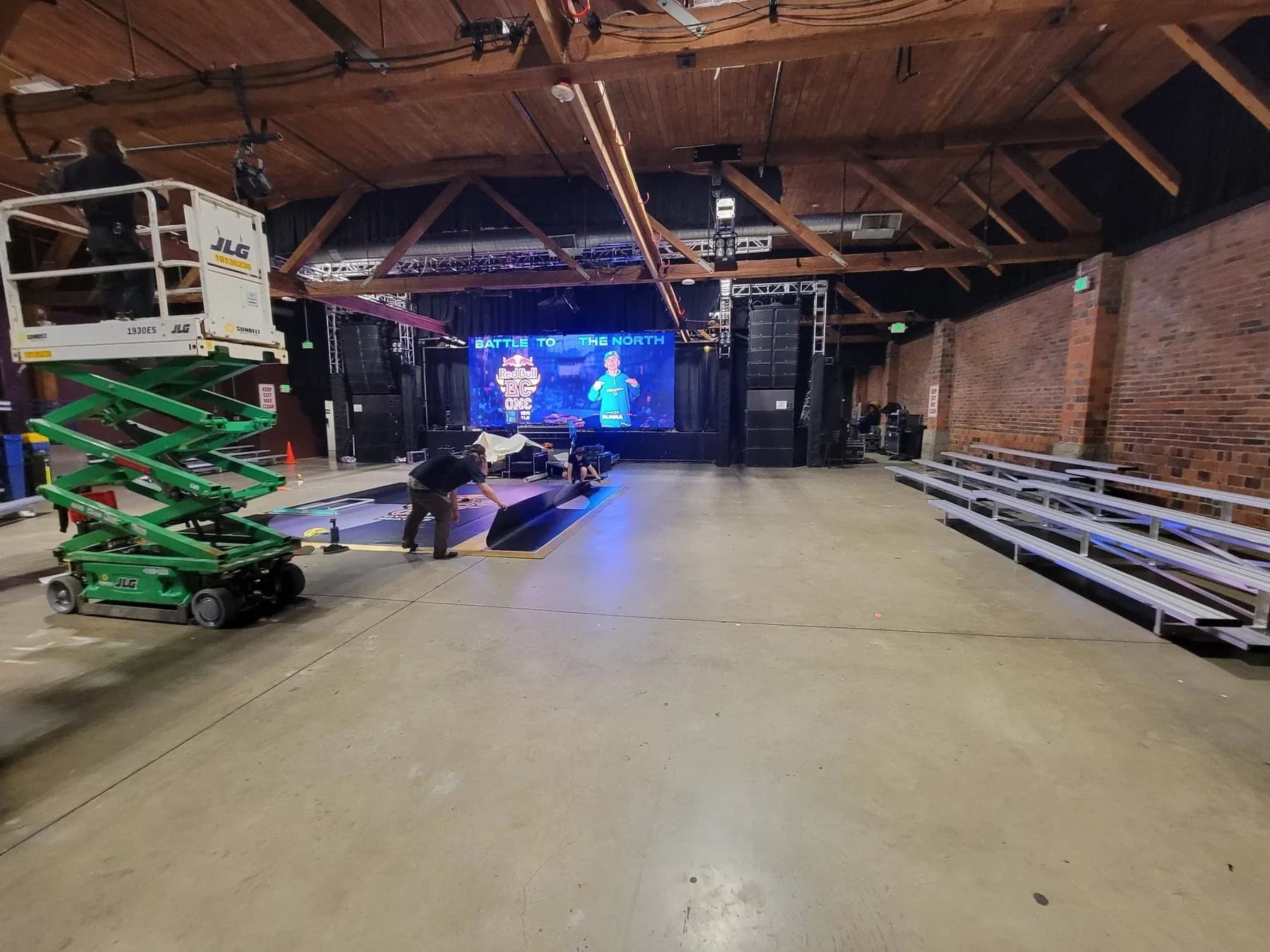 Bleacher seating arranged for a dance and entertainment event