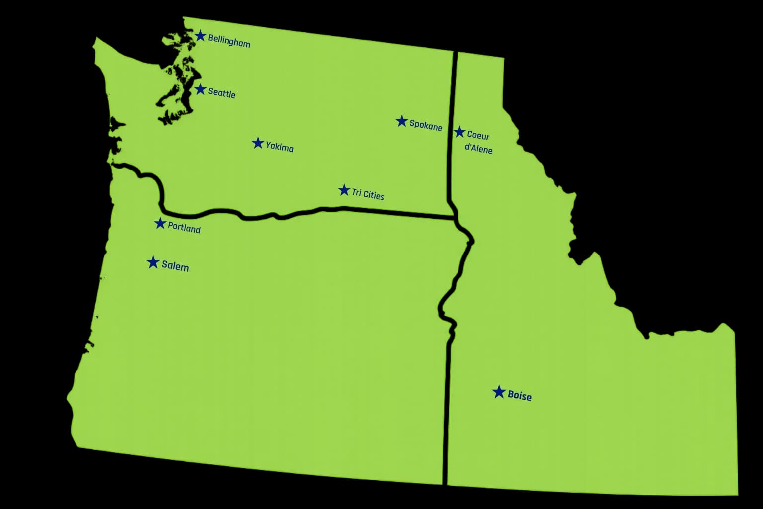 Map of the Bleachers NW bleacher rental service area across Washington, Oregon, and Idaho with key cities marked