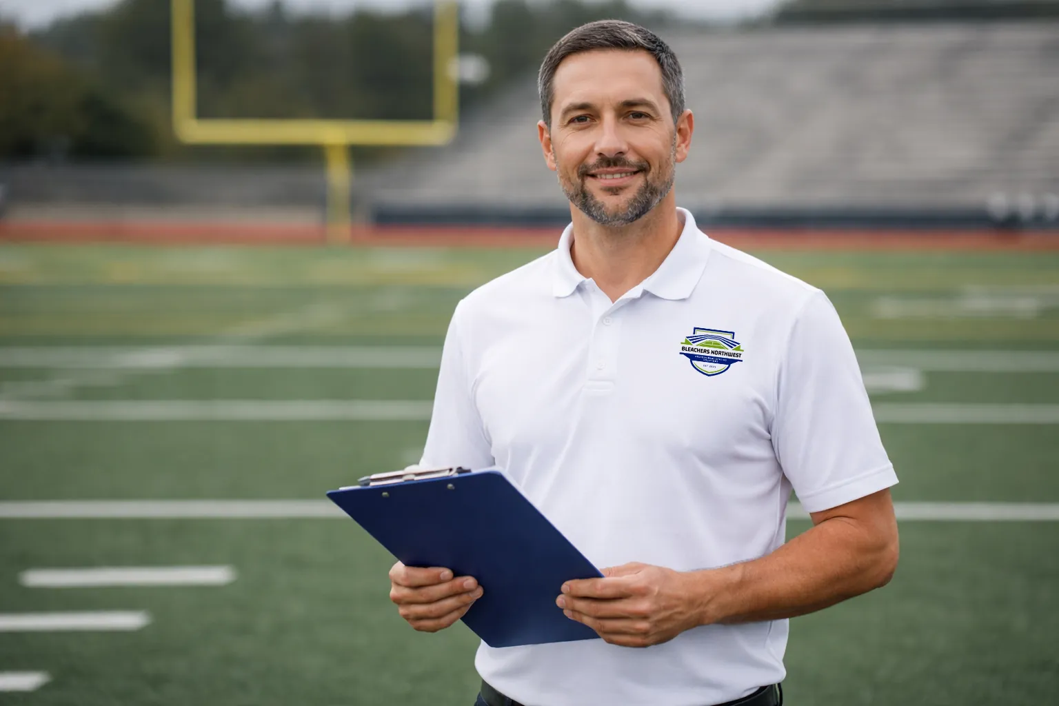 Bleachers NW team member on a football field reviewing bleacher seating plans with a clipboard