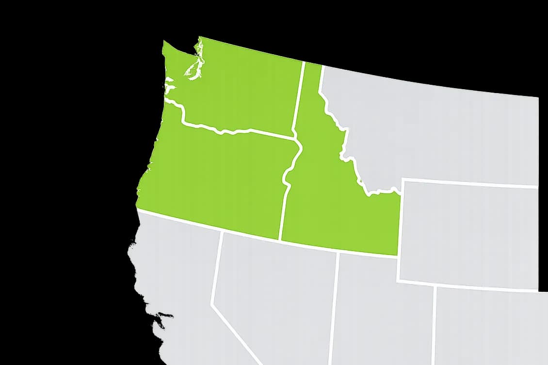 Map highlighting the Pacific Northwest bleacher rental service area across Washington, Oregon, and Idaho